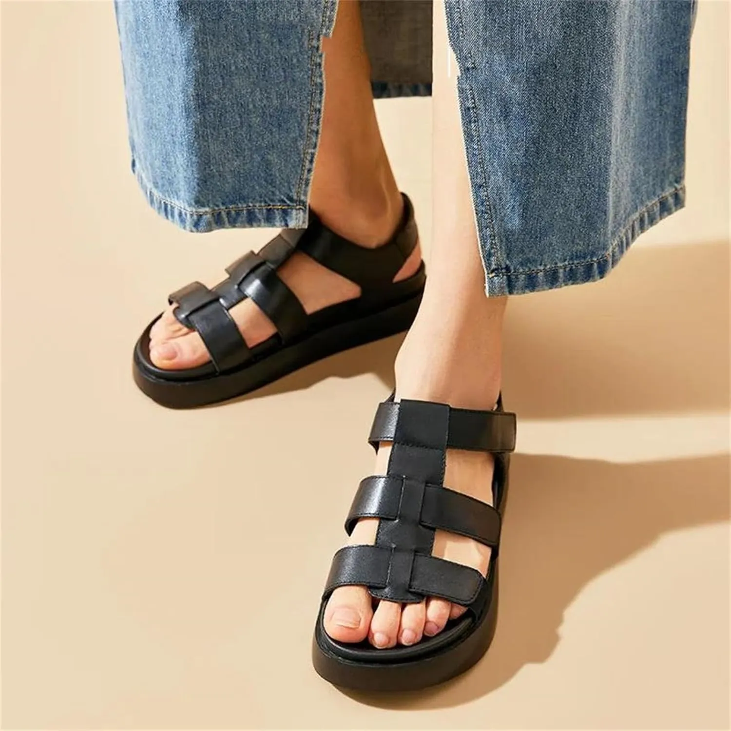 Women's Genuine Cow Leather Gladiator Sandals - Open Toe Ankle Strap Summer Casual Platform