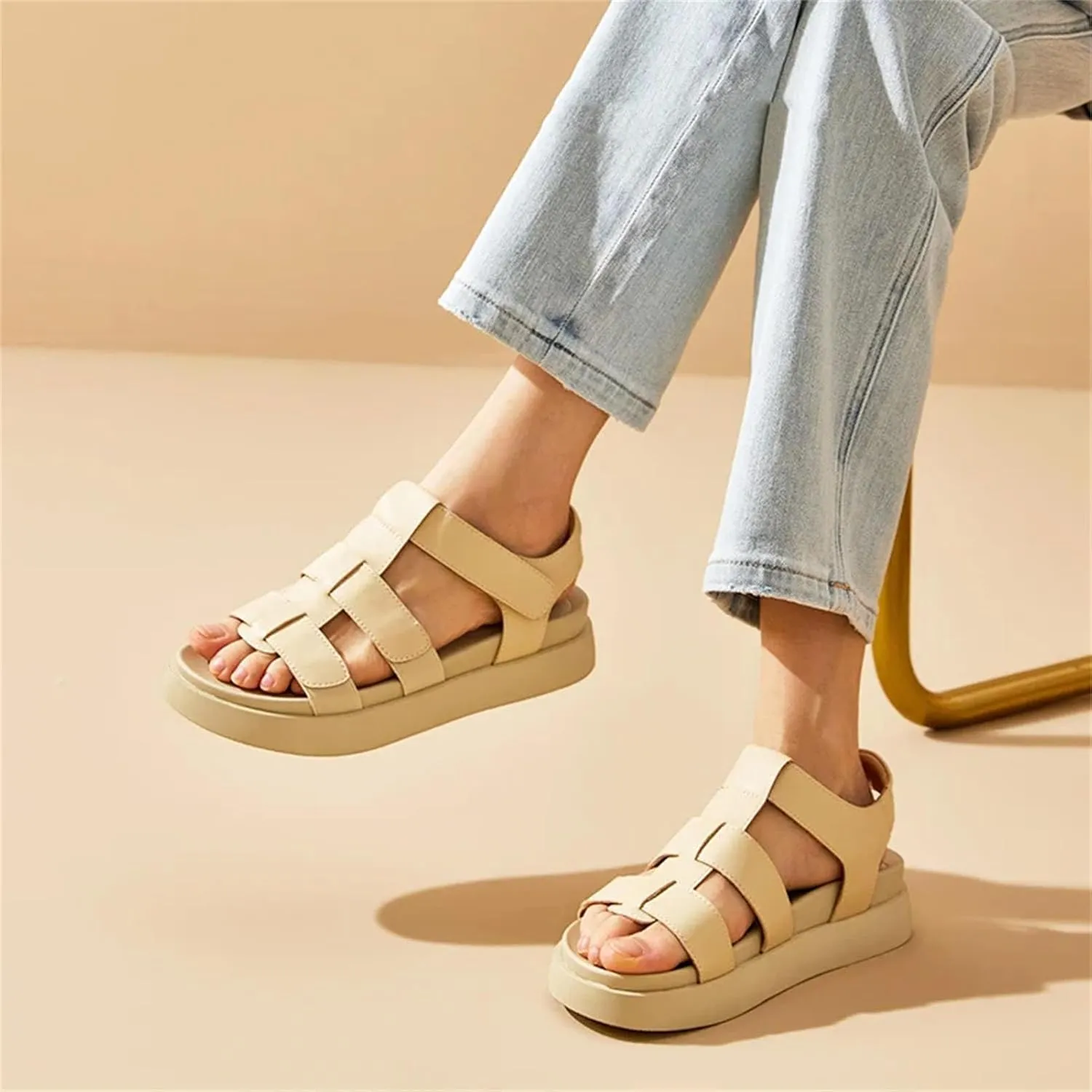 Women's Genuine Cow Leather Gladiator Sandals - Open Toe Ankle Strap Summer Casual Platform