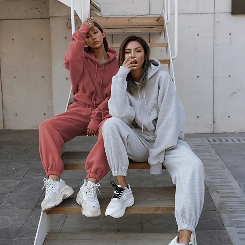 Women's Solid Color Two-Piece Tracksuit – Hoodie & Wide-Leg Pants Set