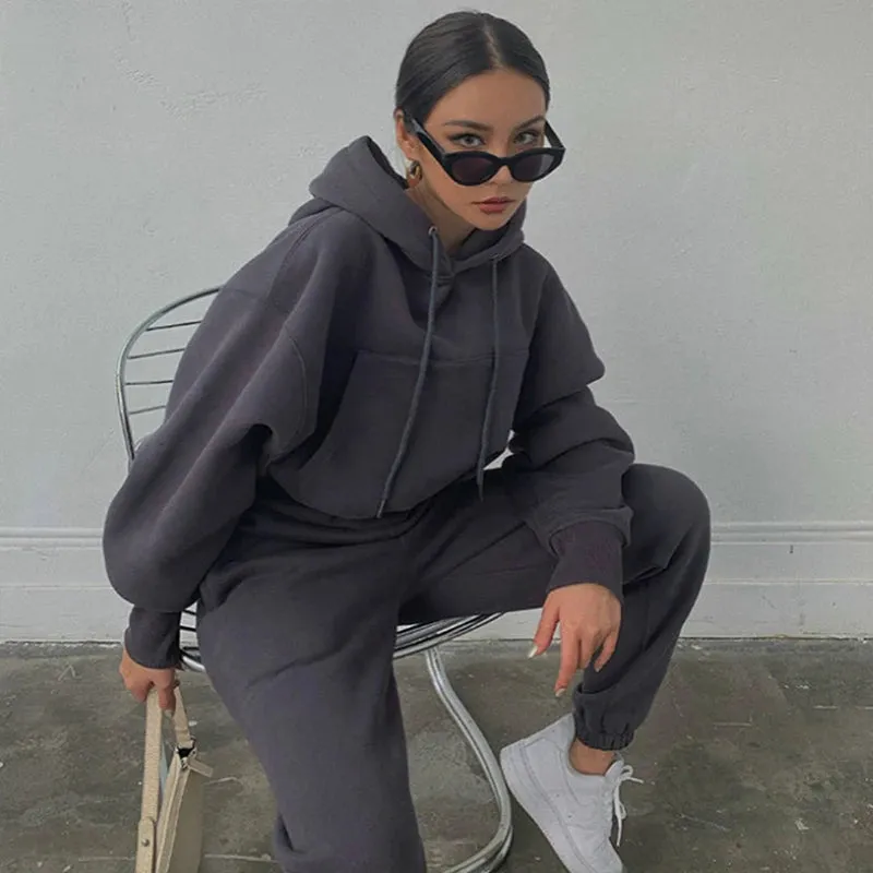 Women's Solid Color Two-Piece Tracksuit – Hoodie & Wide-Leg Pants Set