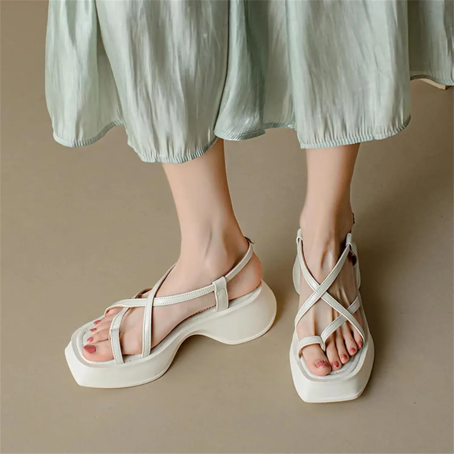 Women's Thin Strap Gladiator Sandals - Thick Heel Platforms, Summer Fashion Casual Leather