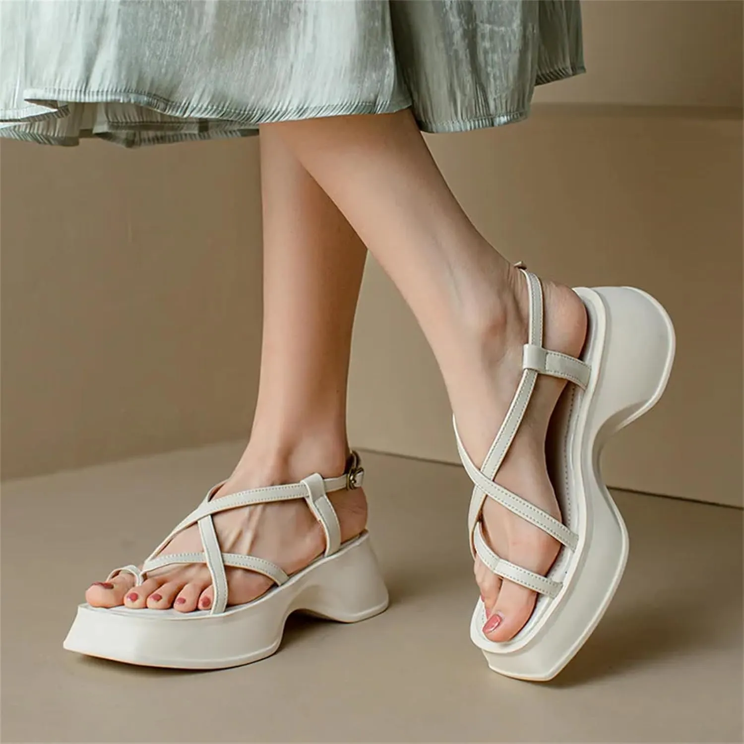Women's Thin Strap Gladiator Sandals - Thick Heel Platforms, Summer Fashion Casual Leather