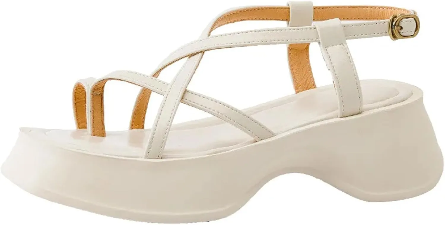 Women's Thin Strap Gladiator Sandals - Thick Heel Platforms, Summer Fashion Casual Leather